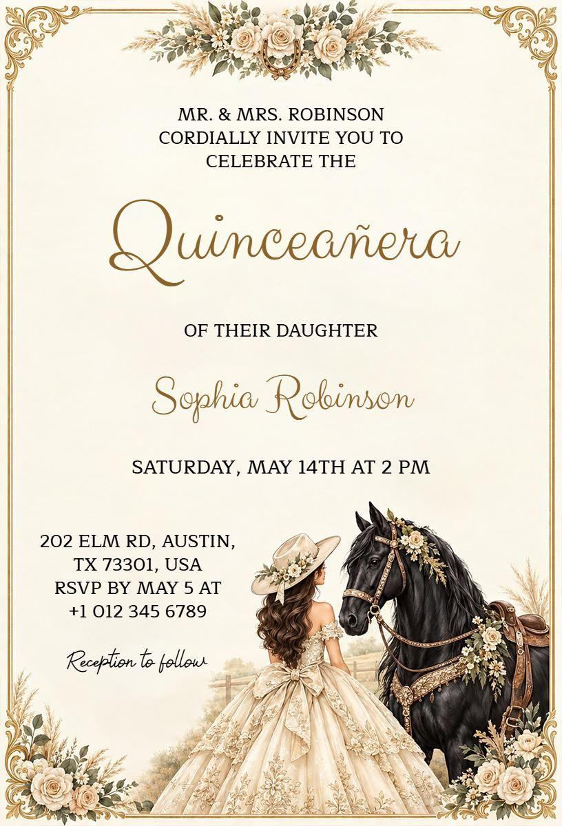 Elegant Horse Theme Quinceañera Invitation Template