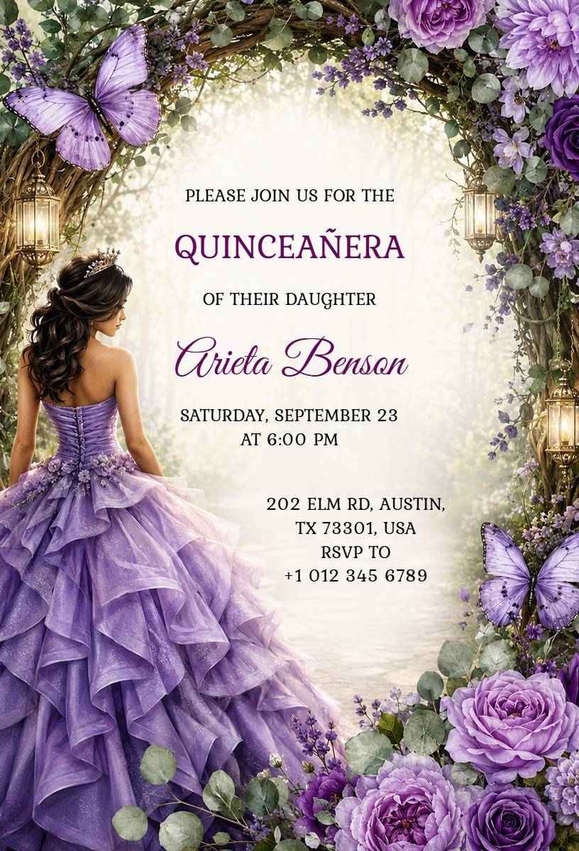 Elegant Lavender Butterfly Quinceanera Celebration Invitation Template