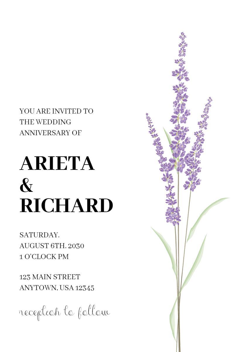 Elegant Lavender Floral Wedding Anniversary Invitation Template