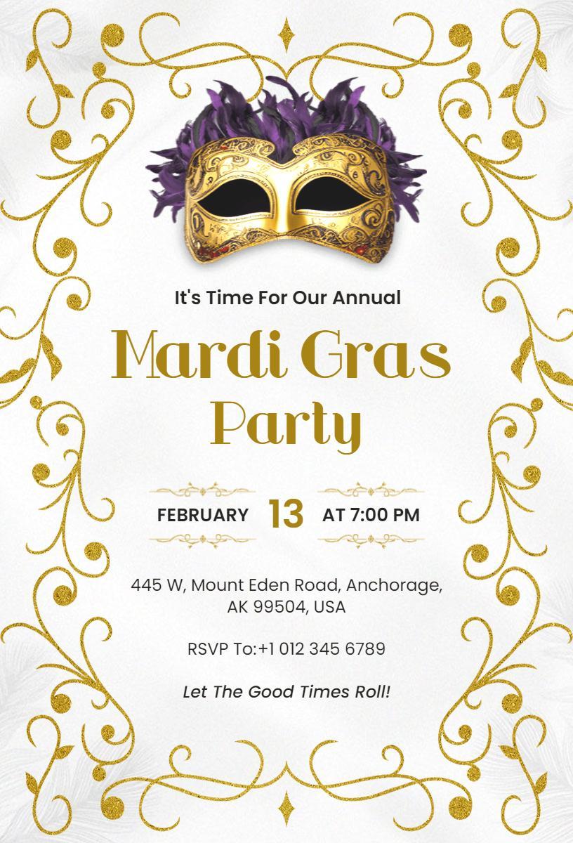 Elegant Mardi Gras Masquerade Party Celebration Invitation Template