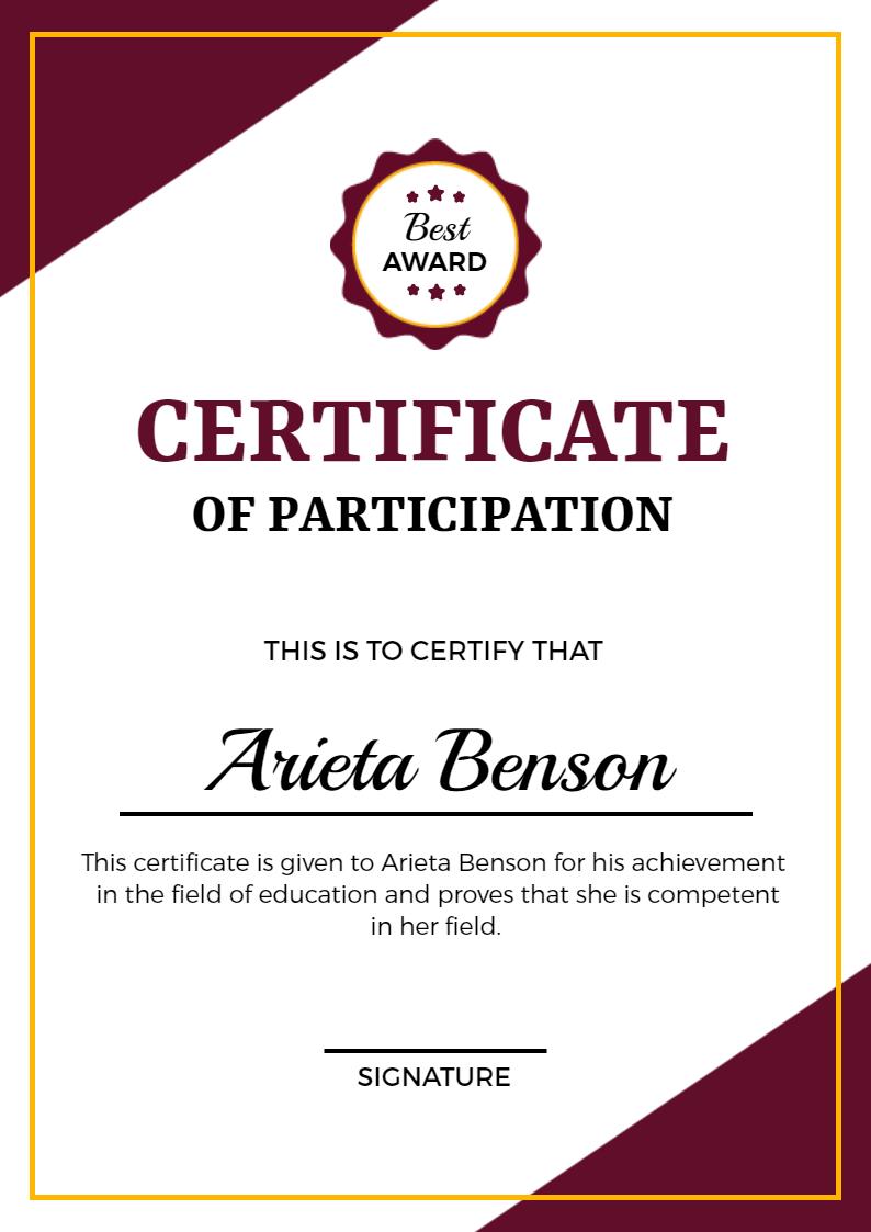 Elegant Maroon Award for Participation Certificate Template