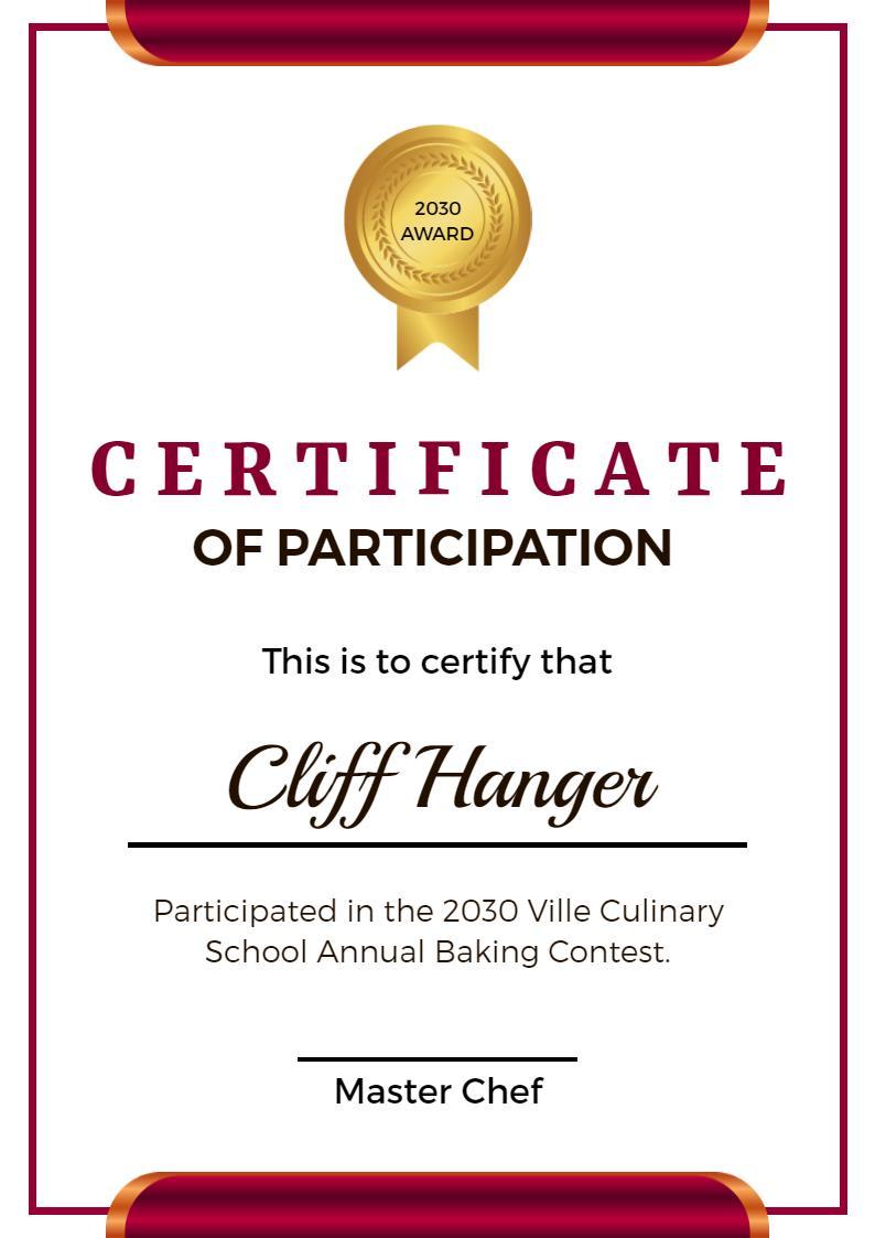 Elegant Maroon Culinary School Baking Contest Certificate Template