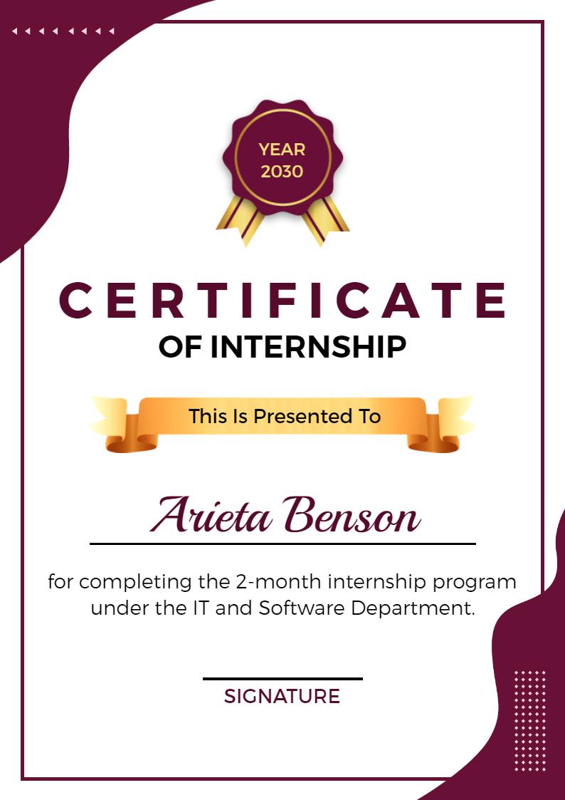 Elegant Maroon Themed IT Internship Completion Certificate Template