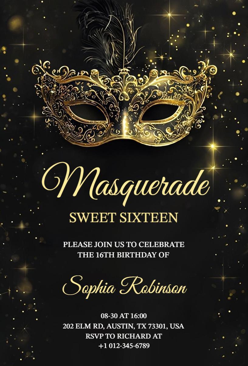 Elegant Masquerade Golden Sweet Sixteen Birthday Invitation Template