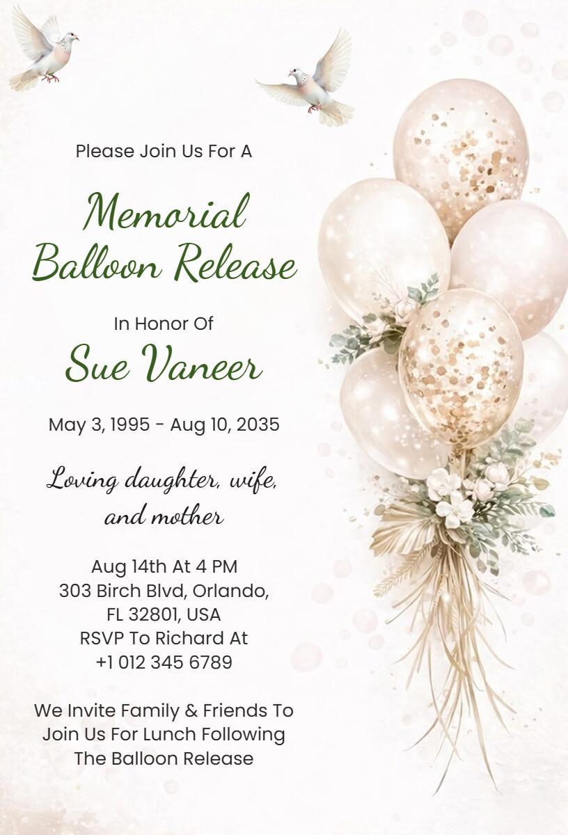 Elegant Memorial Balloon Release Celebration Invitation Template