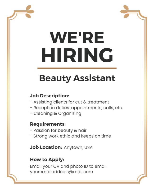 Elegant Minimalist Beauty Assistant Hiring Announcement Poster Template