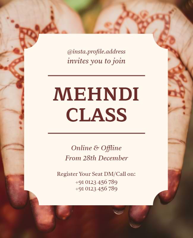 Elegant Minimalist Mehndi Class Invitation Poster Template