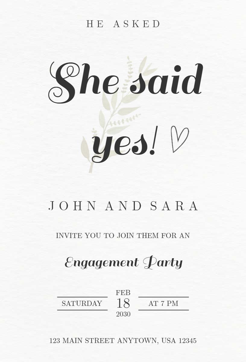 Elegant Minimalist She Said Yes Engagement Celebration Invitation Template