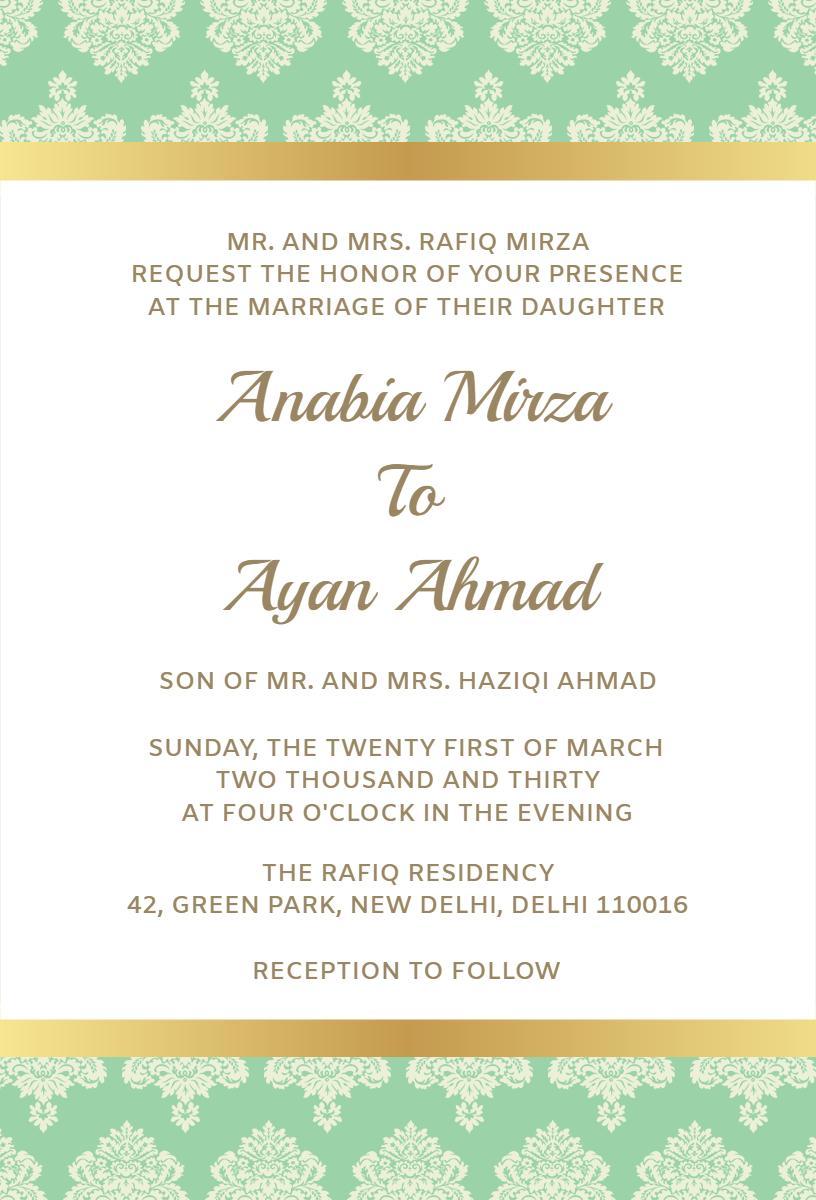Elegant Mint Green Muslim Wedding Ceremony Invitation Template