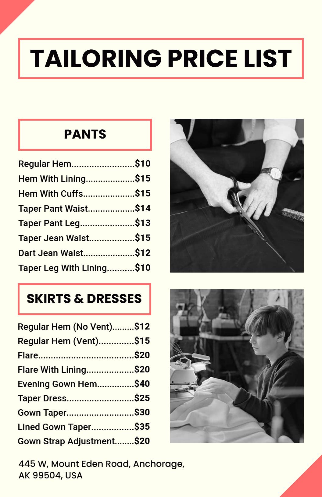 Elegant Monochrome Tailoring Services Price List Template
