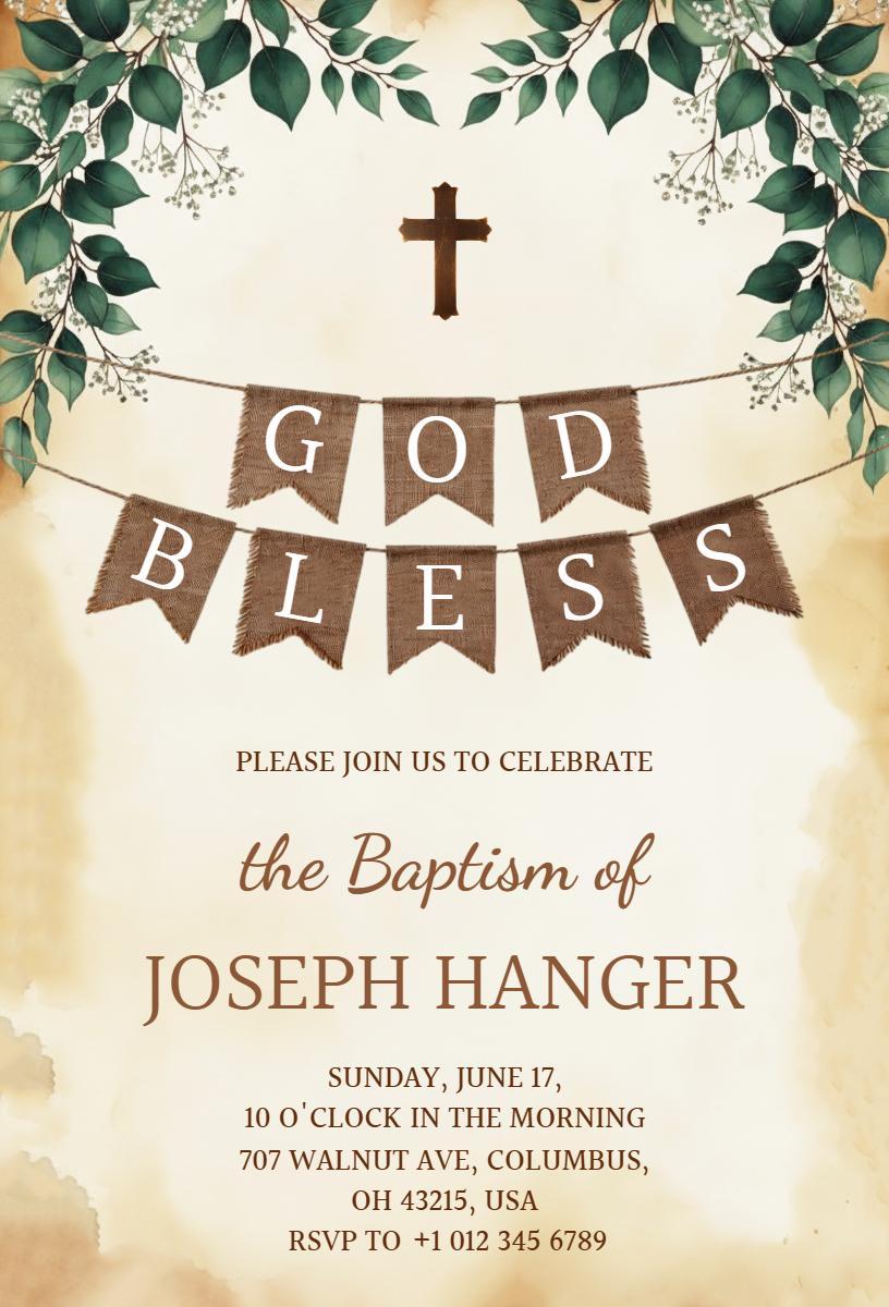 Elegant Natural Greenery Baptism Celebration Invitation Template