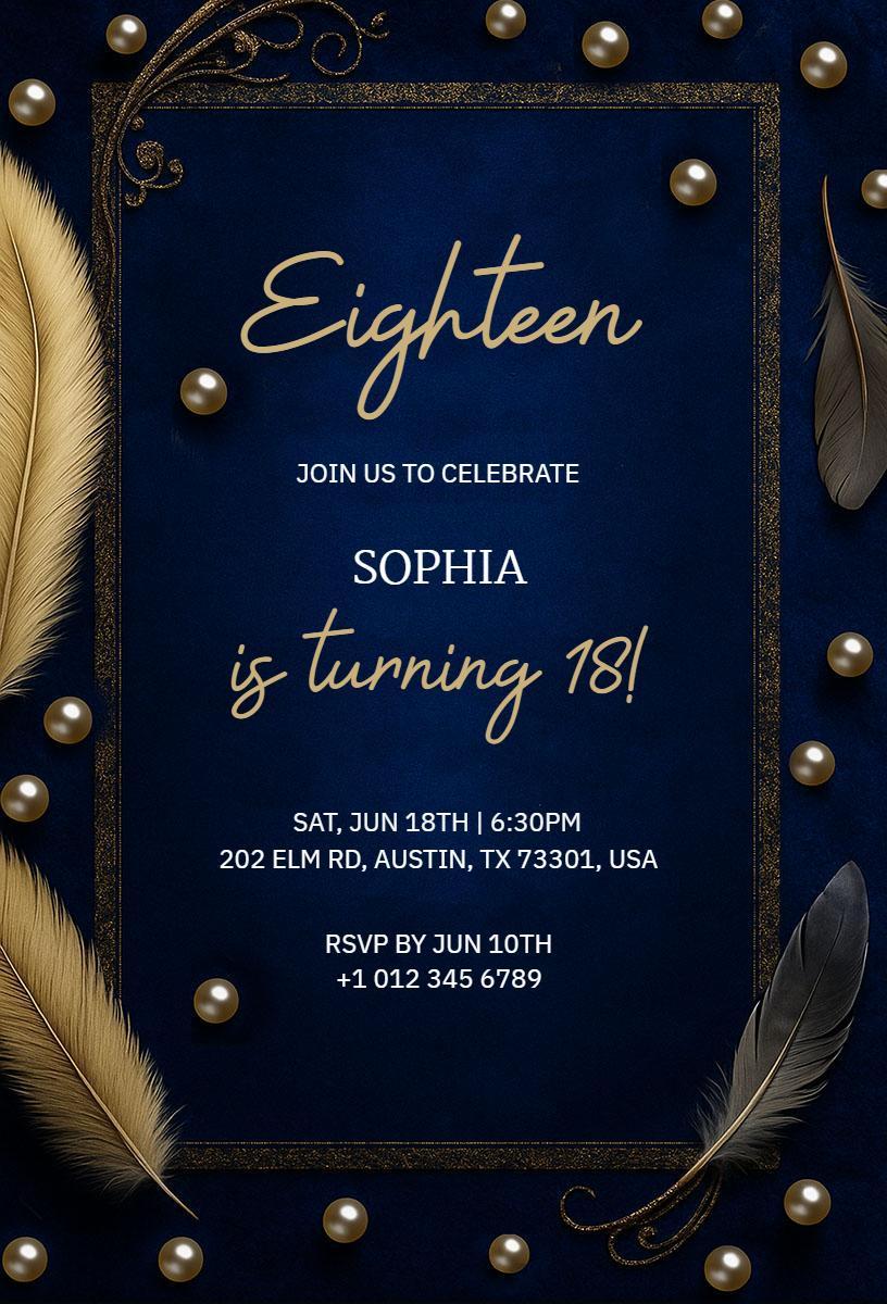 Elegant Navy and Gold 18th Birthday Celebration Invitation Template