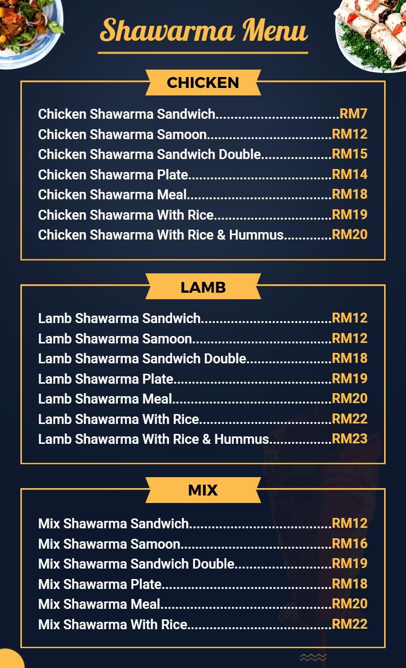 Elegant Navy and Gold Shawarma Selection Menu Template