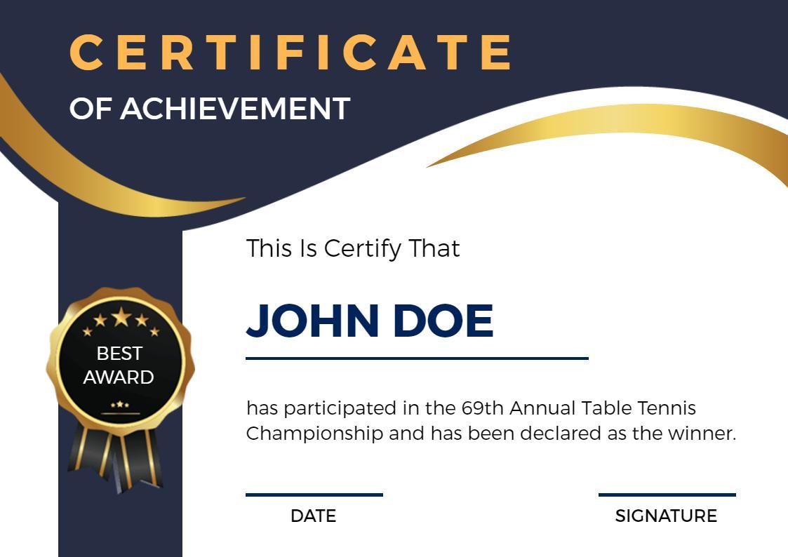 Elegant Navy and Gold Table Tennis Championship Award Certificate Template