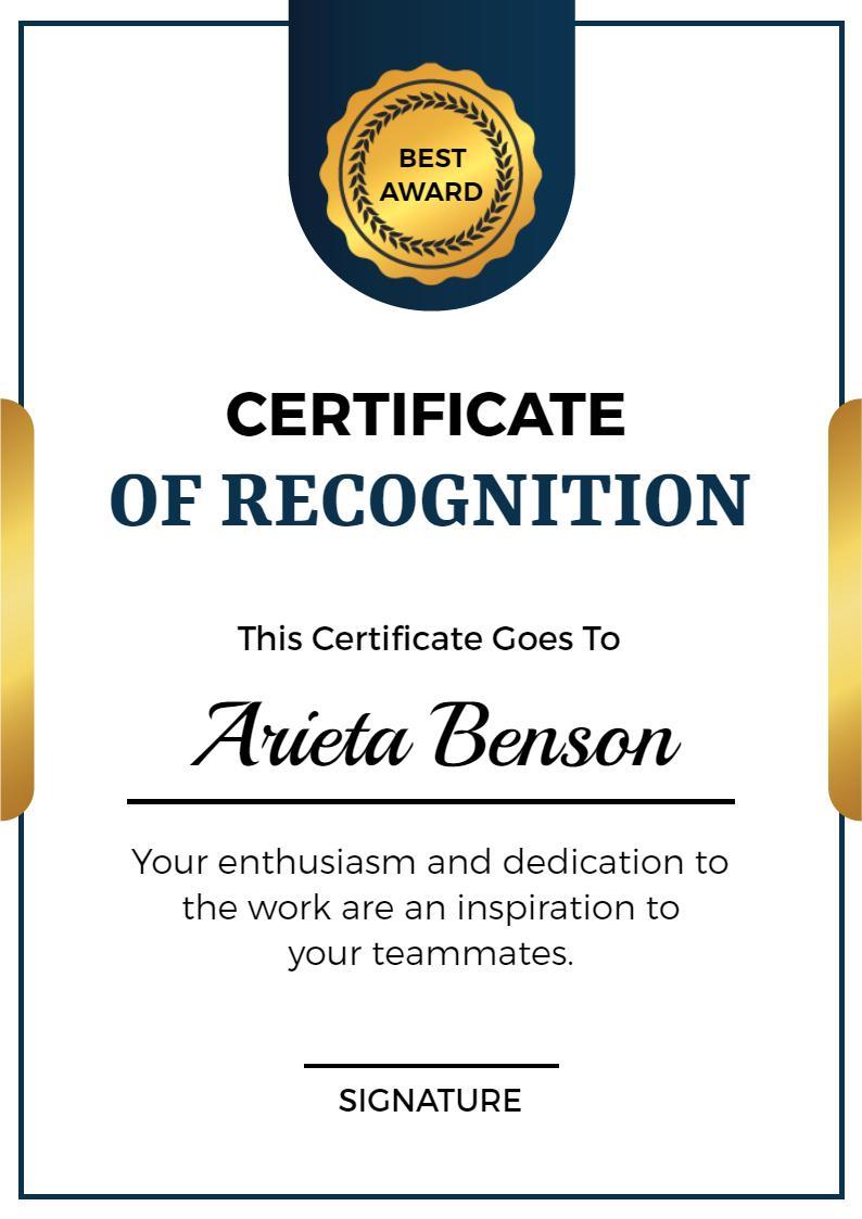 Elegant Navy Blue and Gold Recognition Certificate Template