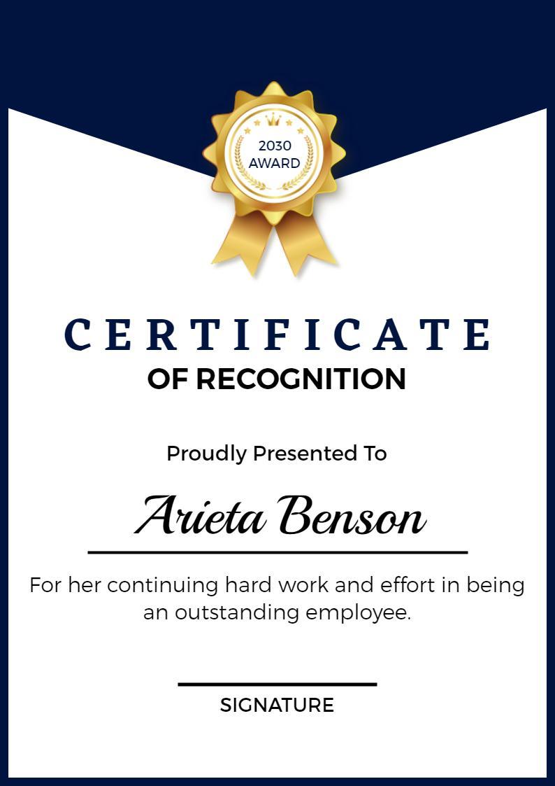 Elegant Navy Blue Award of Recognition Certificate Template