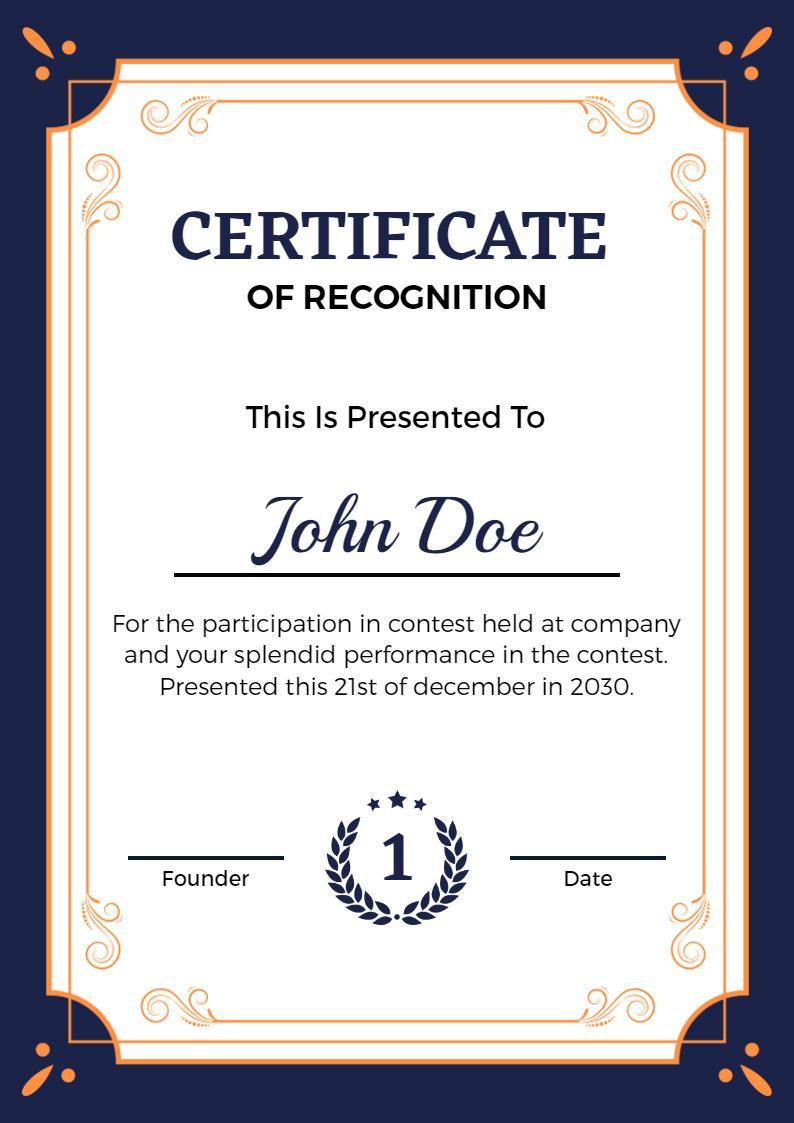 Elegant Navy Blue Certificate of Recognition for Achievement Template