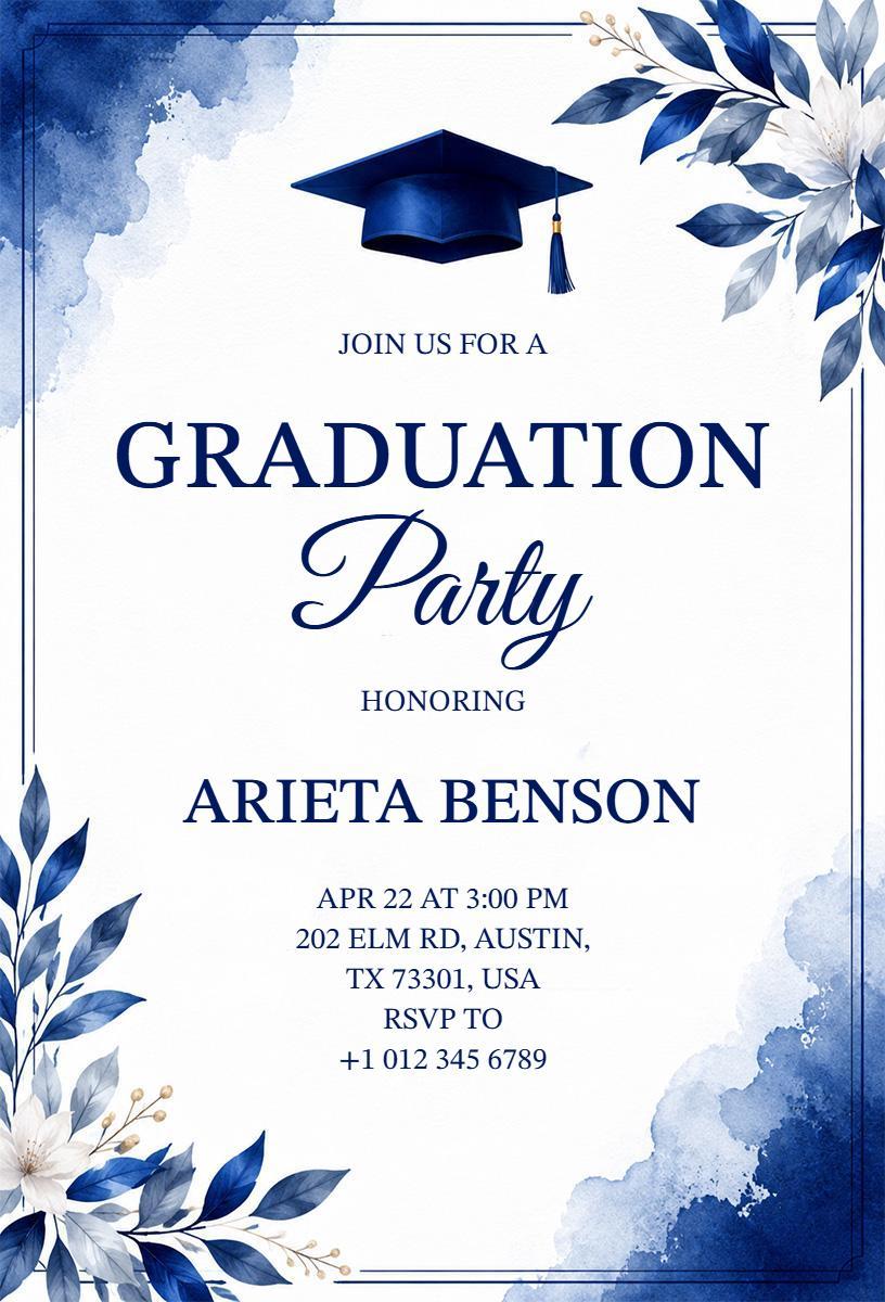 Elegant Navy Blue Floral Graduation Party Invitation Template