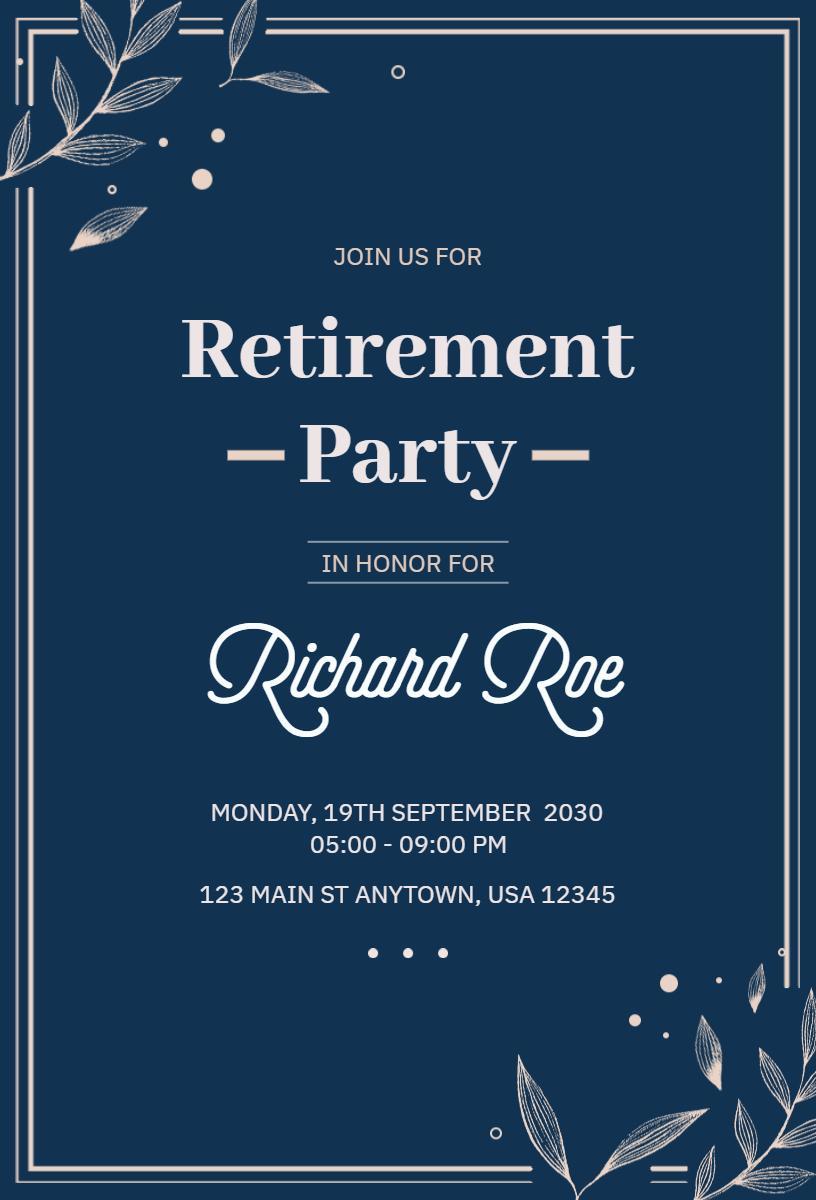 Elegant Navy Blue Floral Retirement Party Invitation Template