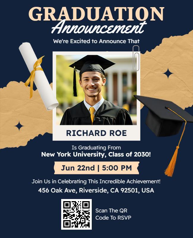 Elegant Navy Blue Graduation Celebration Announcement Flyer Template