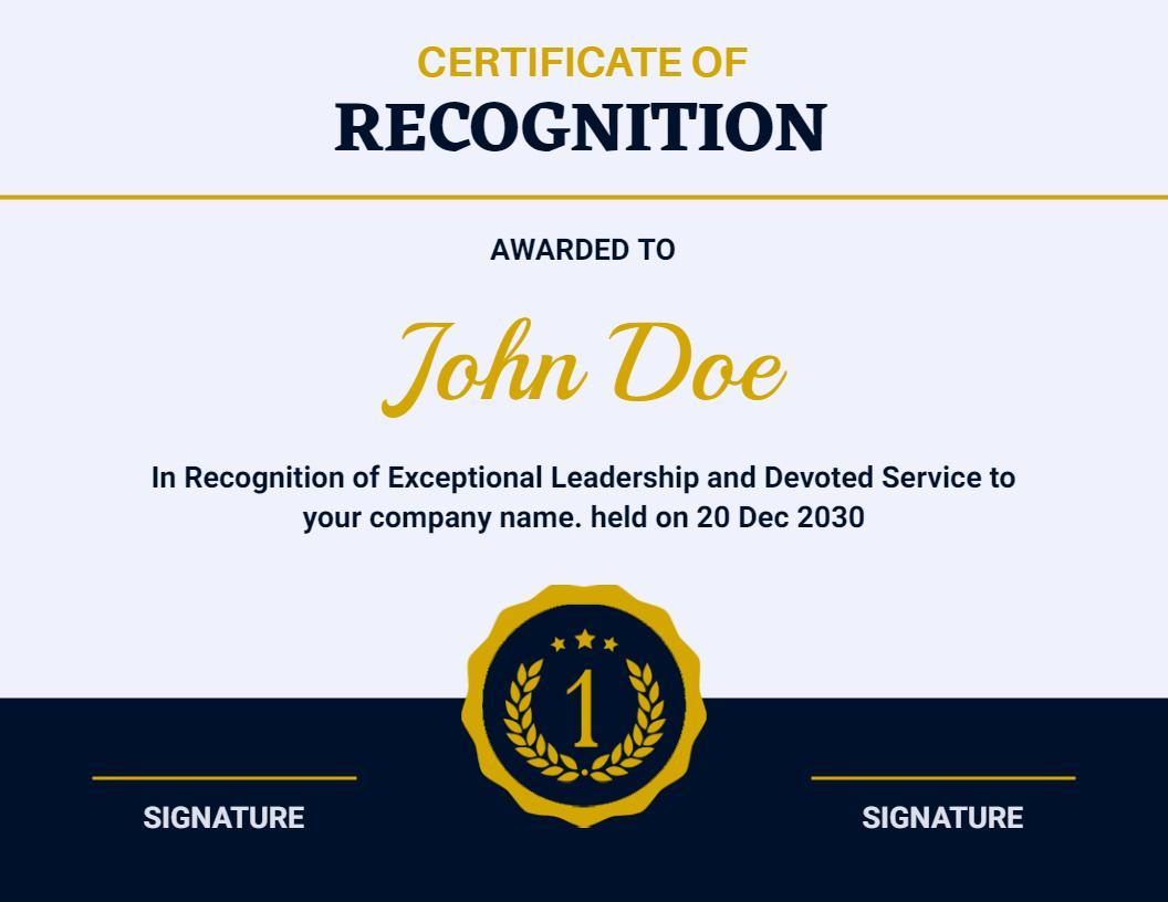 Elegant Navy Blue Leadership Recognition Certificate Template