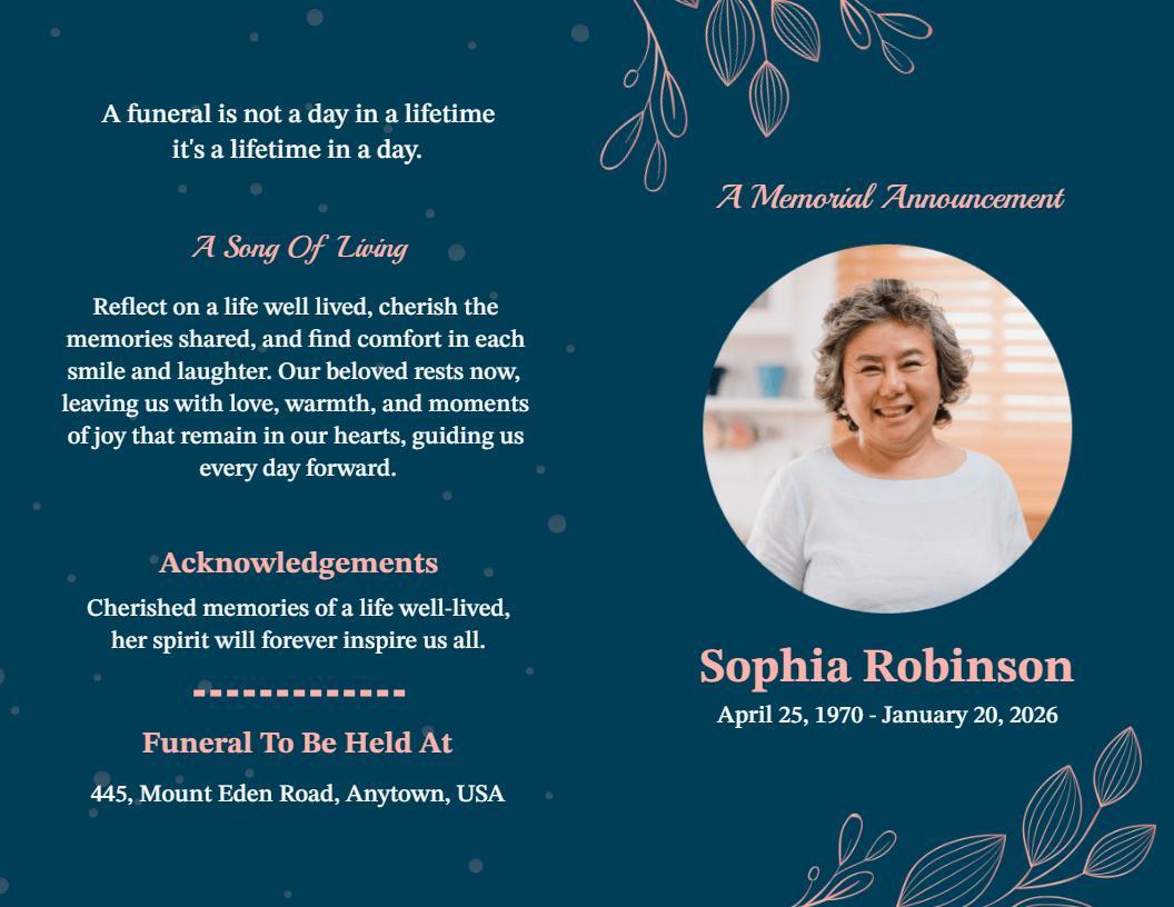 Elegant Navy Blue Memorial Announcement Brochure Template