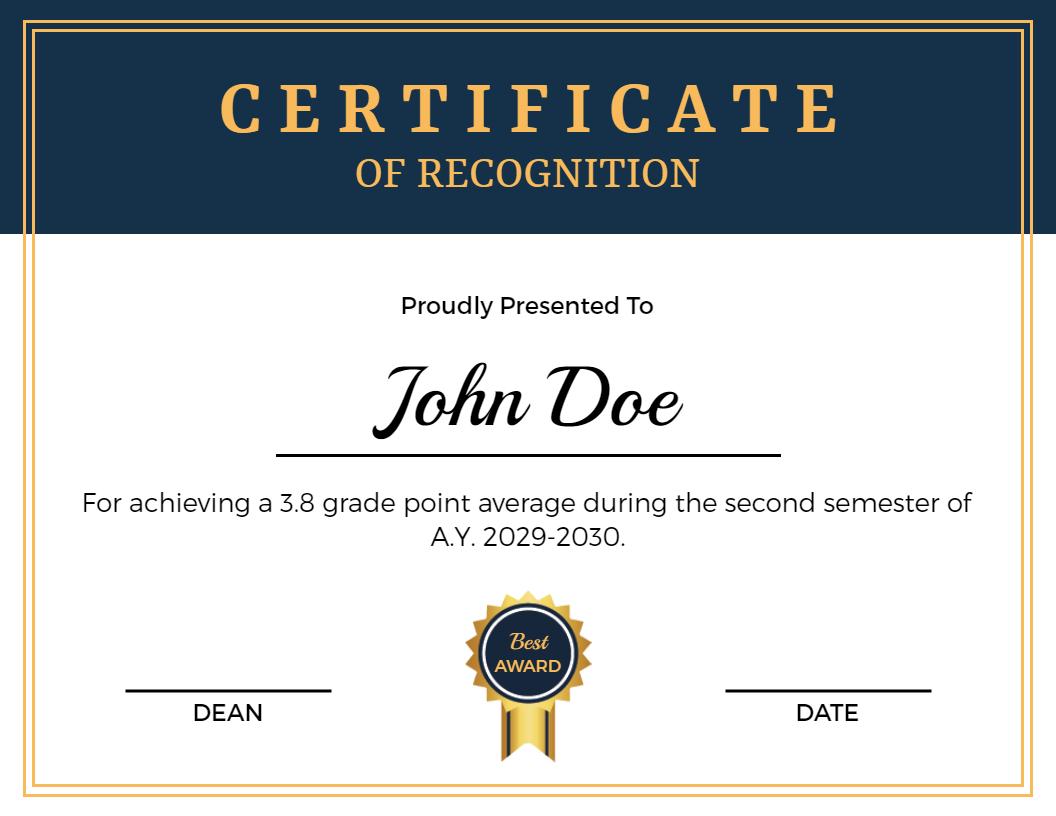 Elegant Navy Blue Recognition Achievement Award Certificate Template