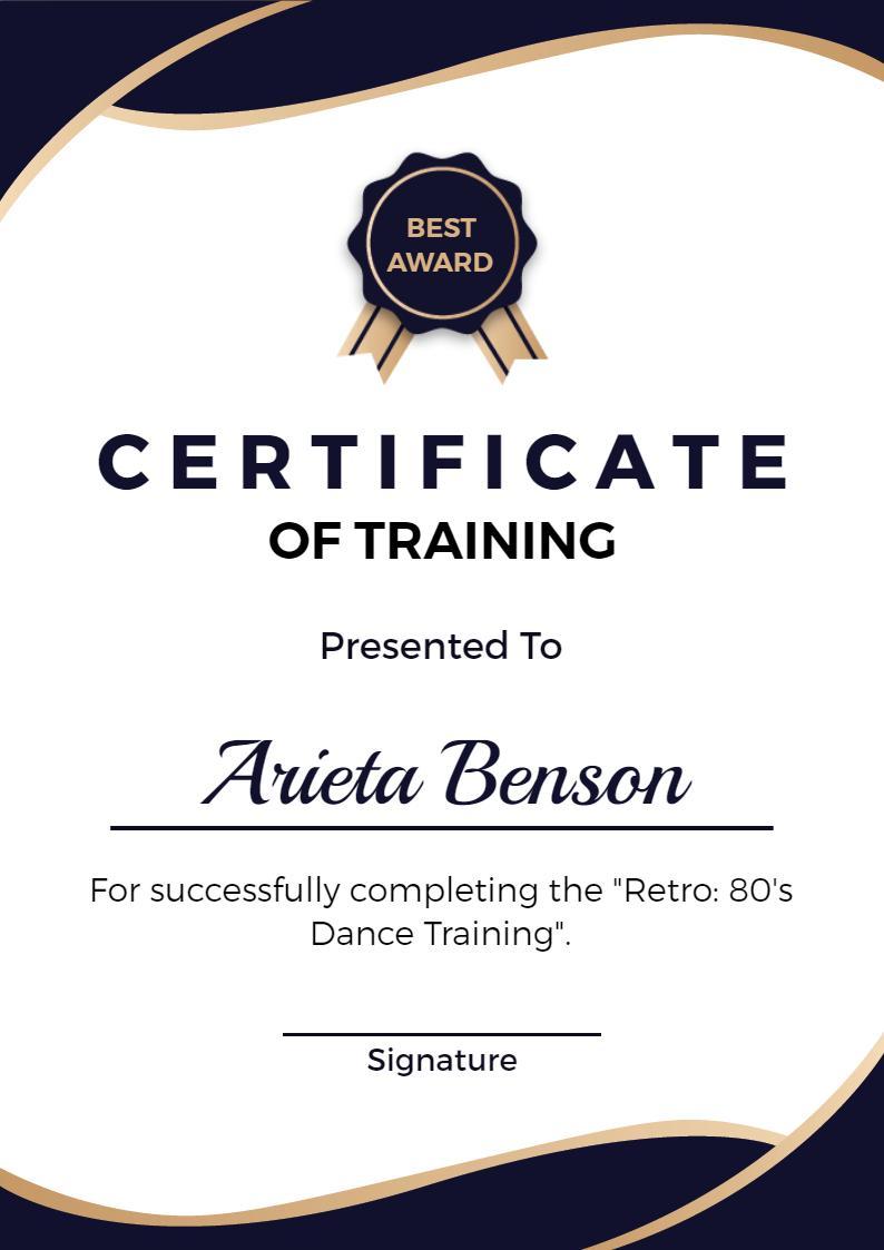 Elegant Navy Blue Retro 80's Dance Training Certificate Template
