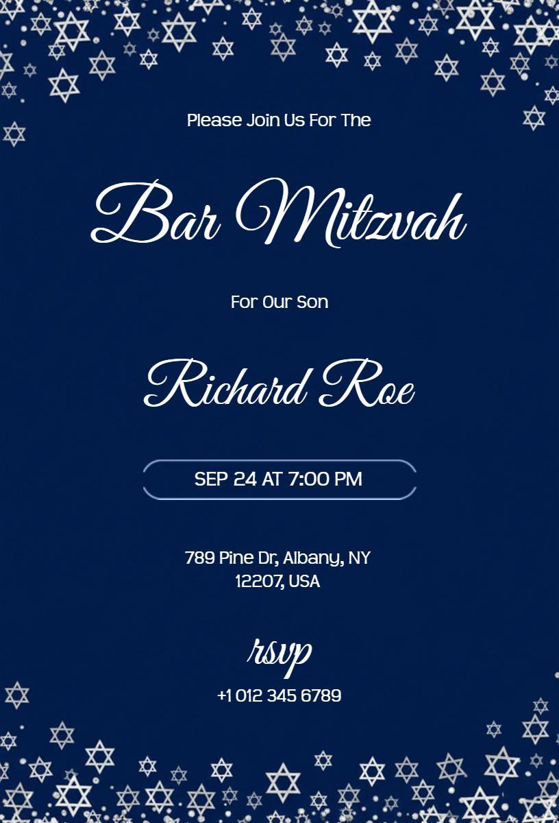 Elegant Navy Blue Starry Bar Mitzvah Celebration Invitation Template