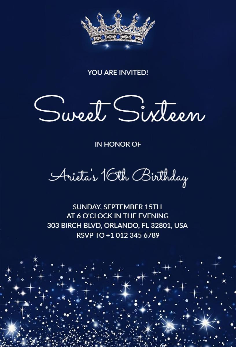 Elegant Navy Blue Sweet 16 Birthday Celebration Invitation Template