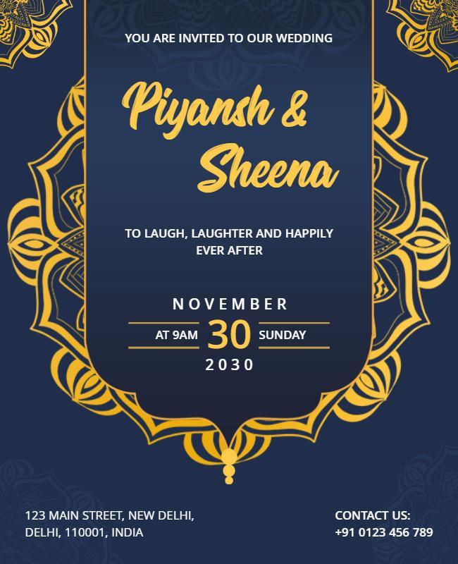 Elegant Navy Blue Traditional Wedding Invitation Poster Template