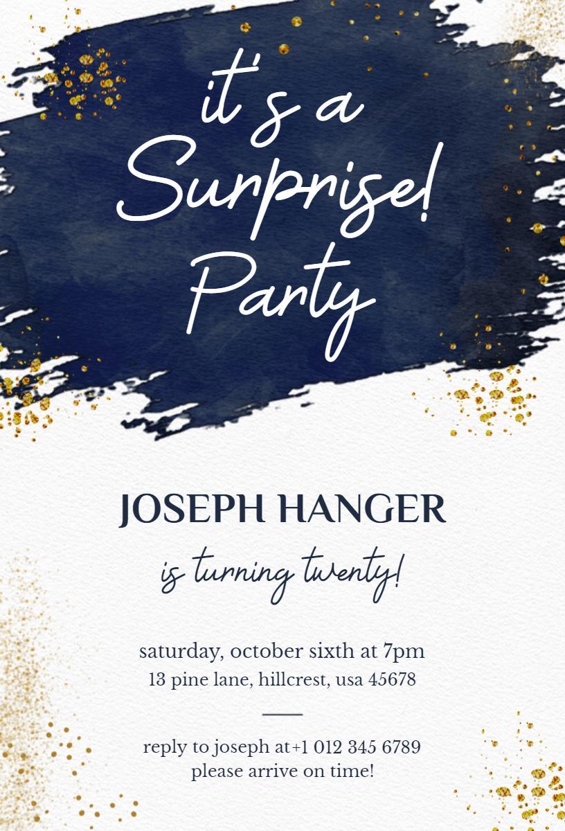 Elegant Navy Gold Surprise Birthday Party Invitation Template