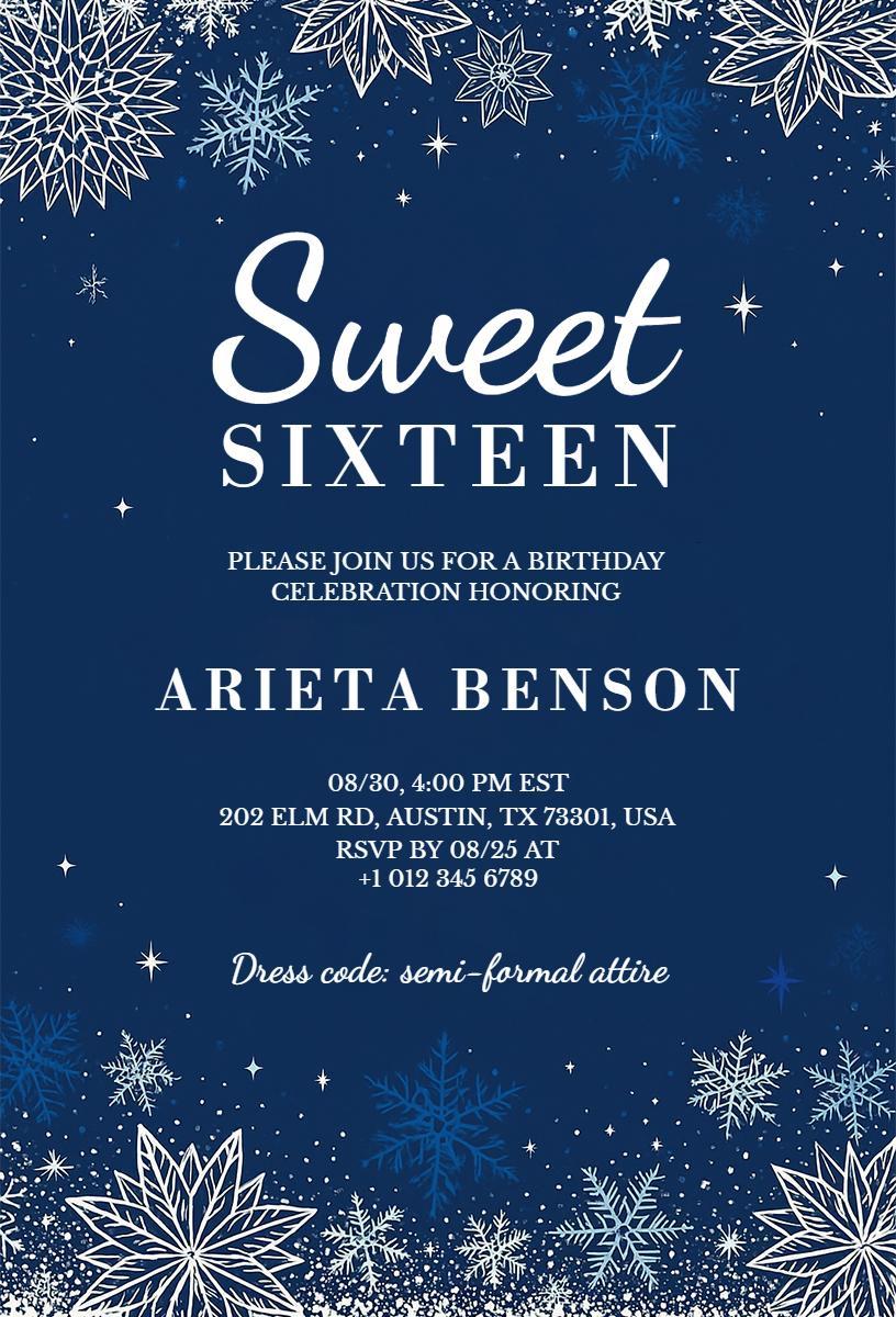 Elegant Navy Snowflake Sweet 16 Birthday Celebration Invitation Template