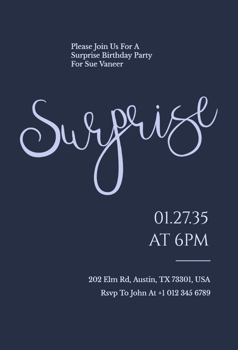 Elegant Navy Surprise Birthday Party Celebration Invitation Template
