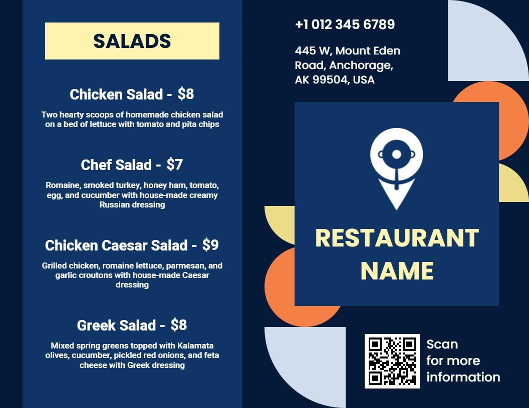 Elegant Navy Theme Restaurant Bi-Fold Menu Template