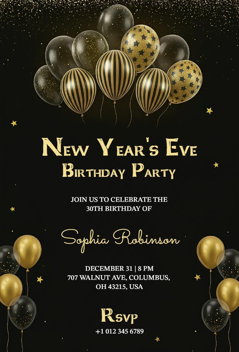 Elegant New Year’s Eve Birthday Celebration Invitation Template
