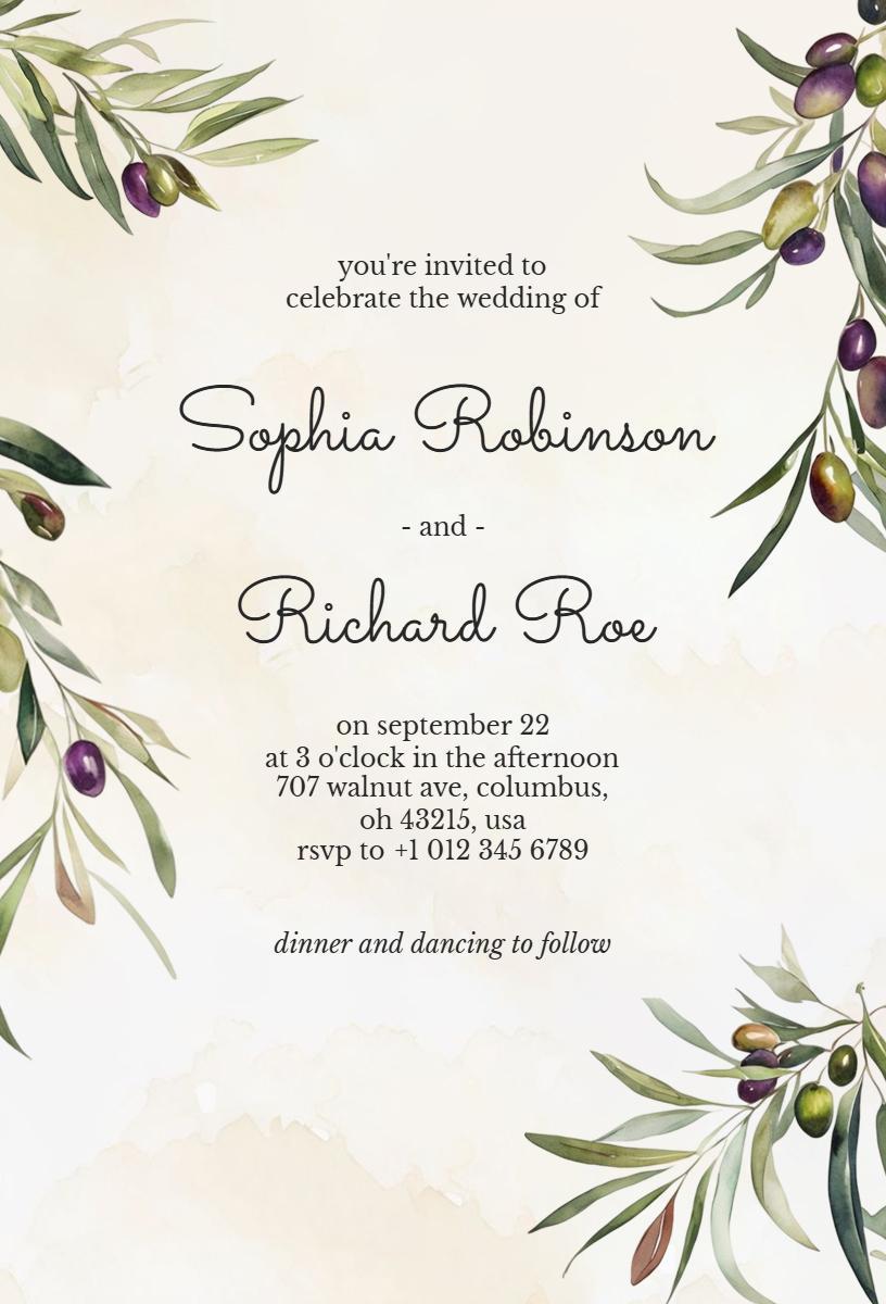 Elegant Olive Branch Wedding Celebration Invitation Template
