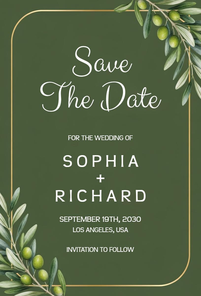 Elegant Olive Green Save The Date Wedding Invitation Template