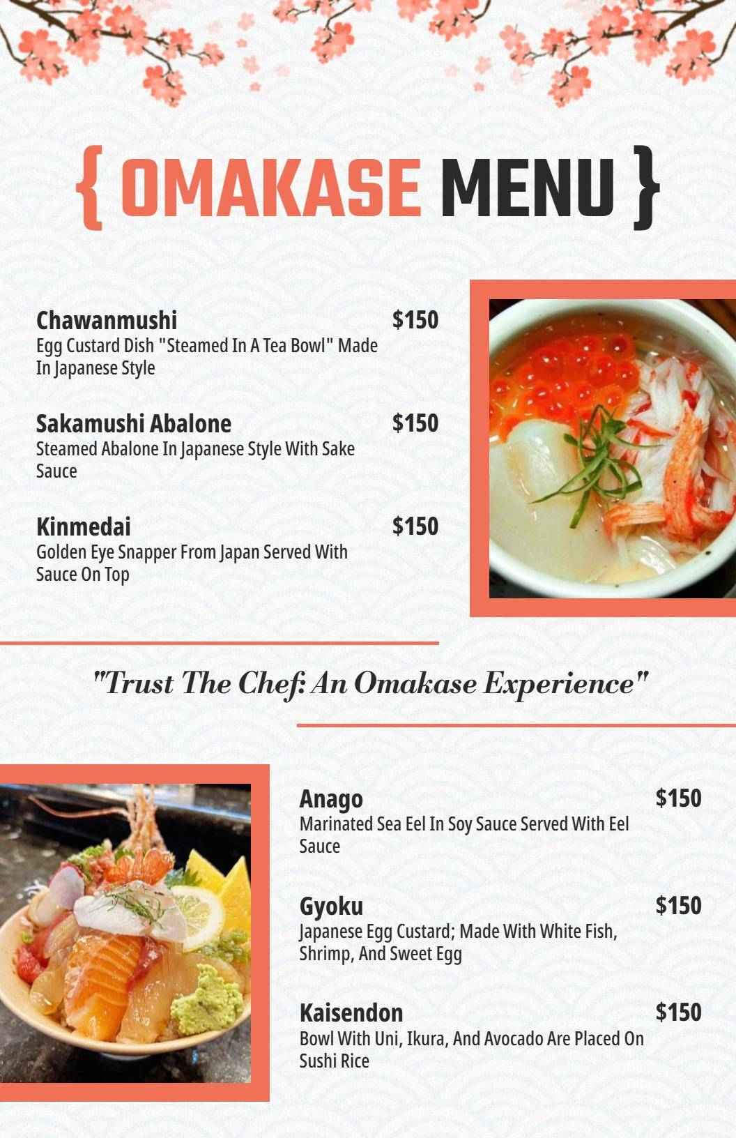 Elegant Omakase Experience Featuring Authentic Japanese Cuisine Menu Template