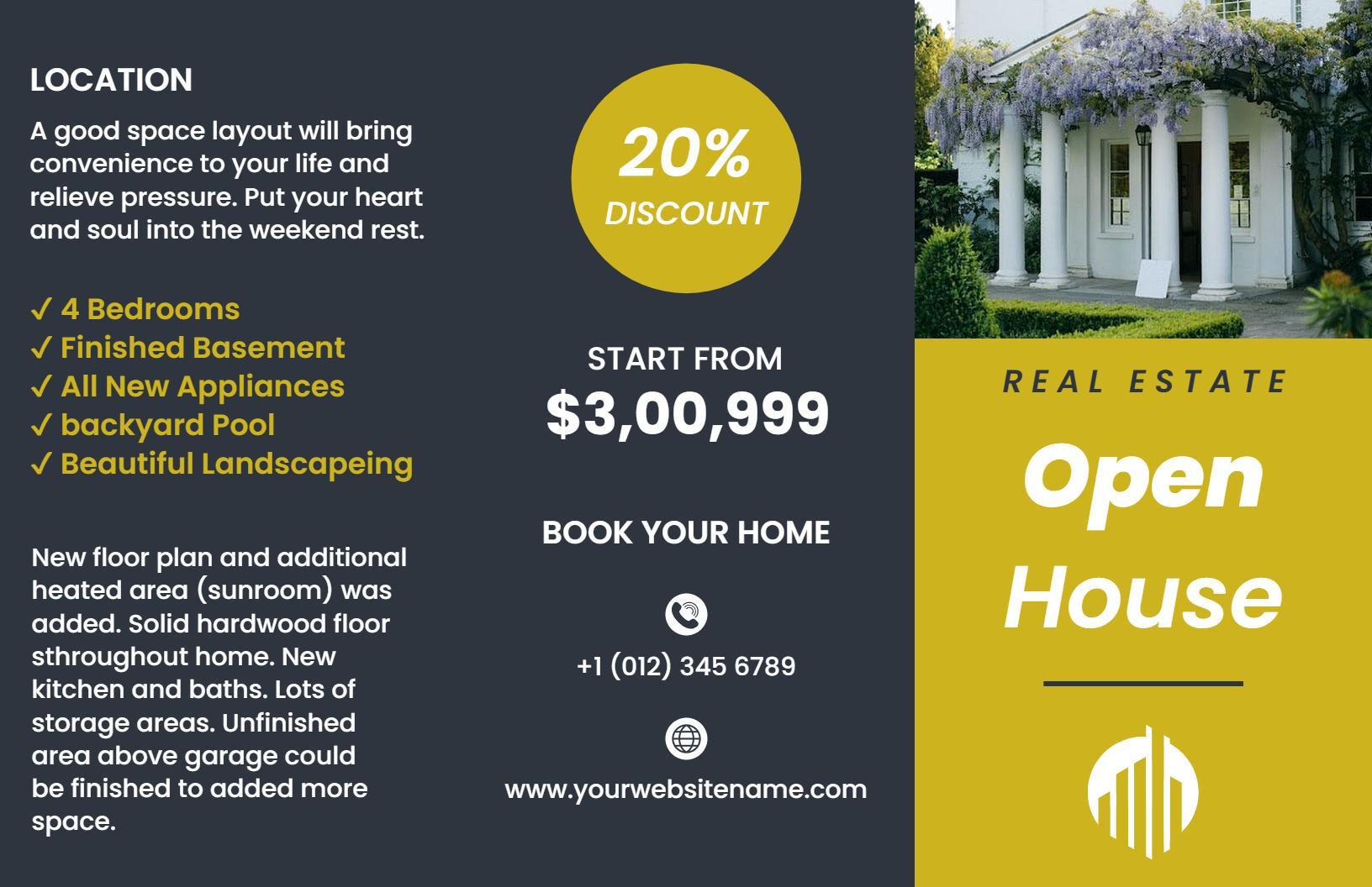 Elegant Open House 4-Bedroom Real Estate Listing Brochure Template