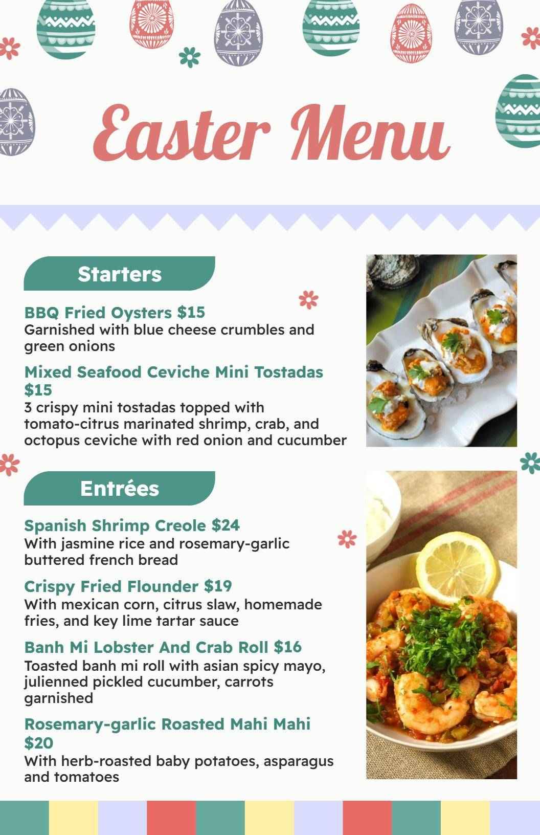 Elegant Pastel Easter Celebration with Seafood Options Menu Template