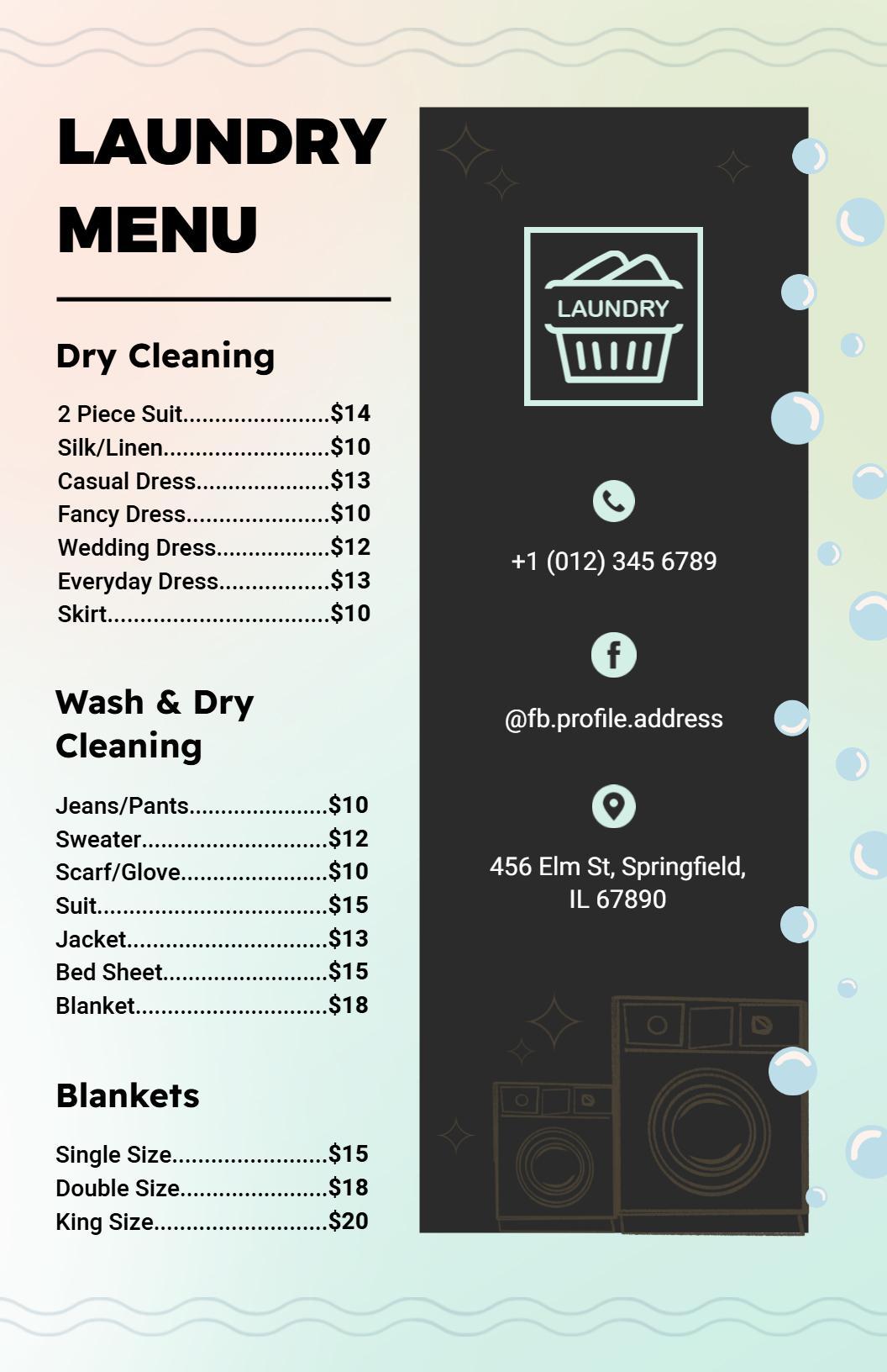 Elegant Pastel Laundry and Dry Cleaning Services Menu Template