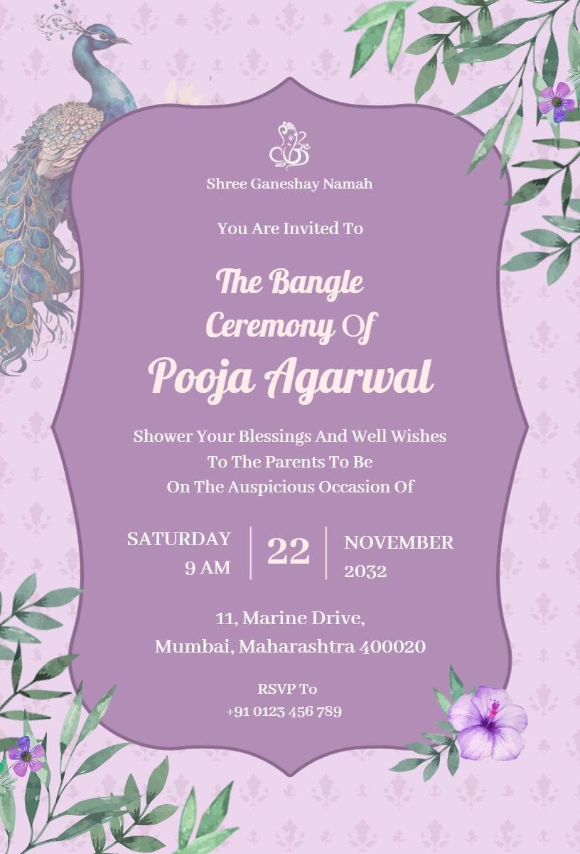 Elegant Peacock Theme Bangle Ceremony Invitation Template