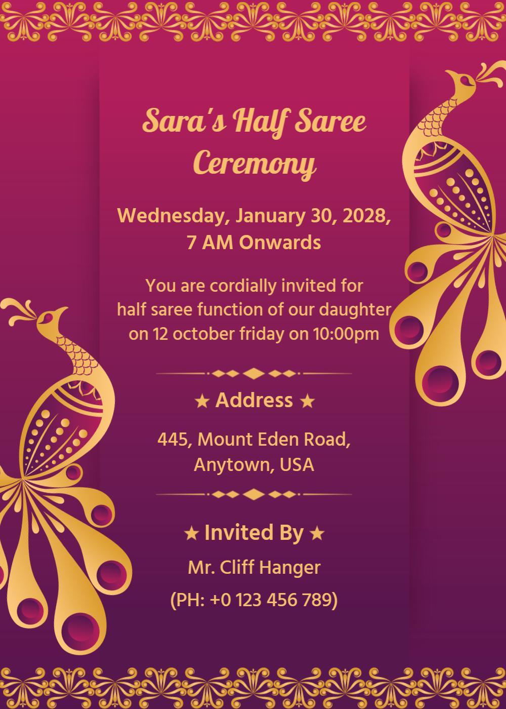 Elegant Peacock Theme Half Saree Ceremony Invitation Template
