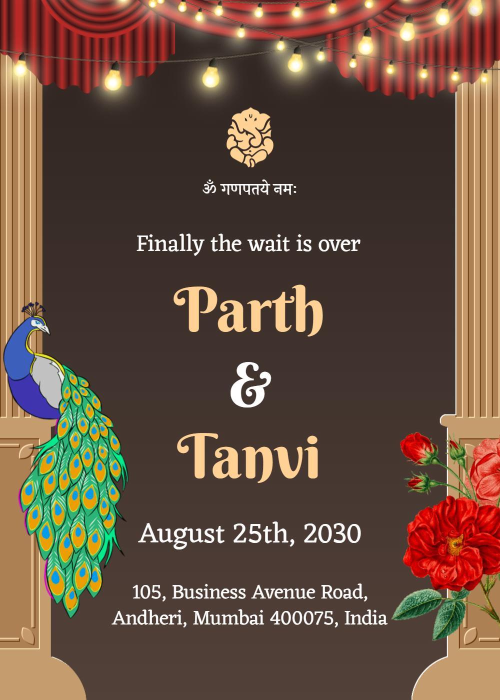 Elegant Peacock Theme Indian Wedding Celebration Invitation Template