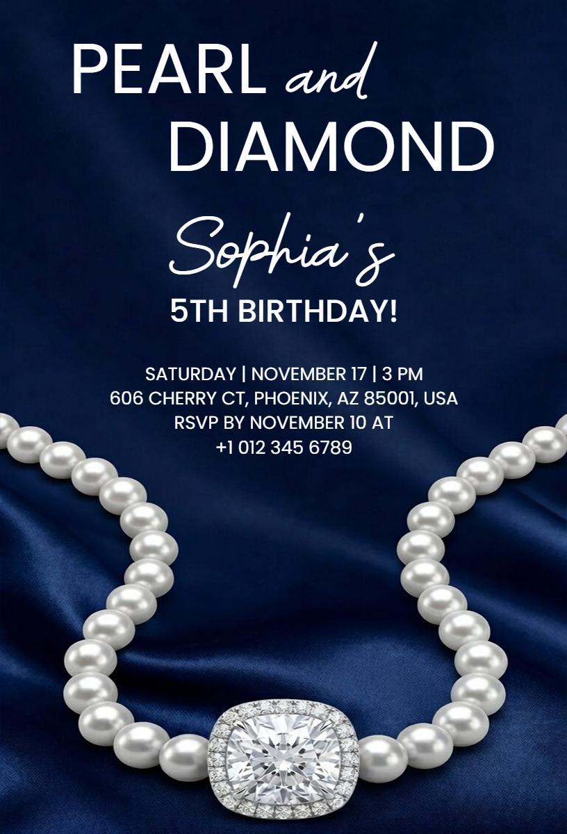Elegant Pearl Diamond 5th Birthday Celebration Invitation Template