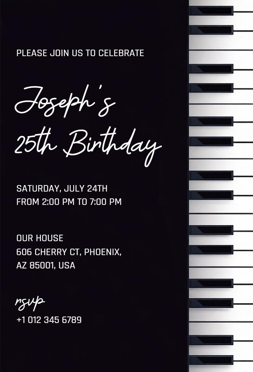 Elegant Piano Theme 25th Birthday Celebration Invitation Template