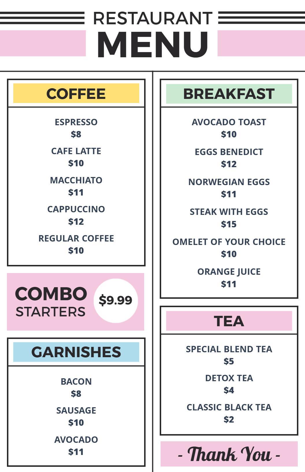 Elegant Pink and Green Modern Restaurant Menu Template