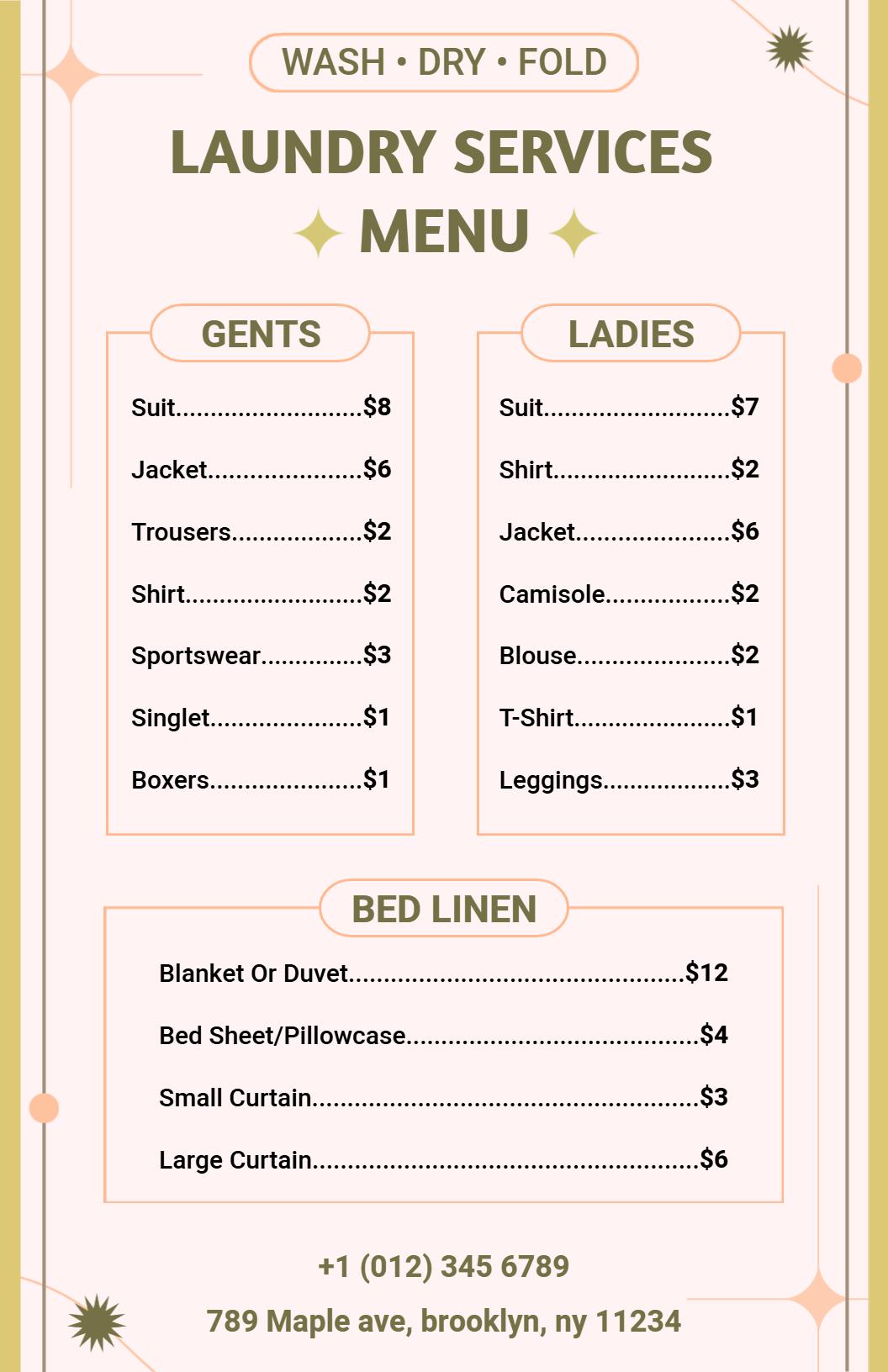 Elegant Pink and Yellow Laundry Services Menu Template