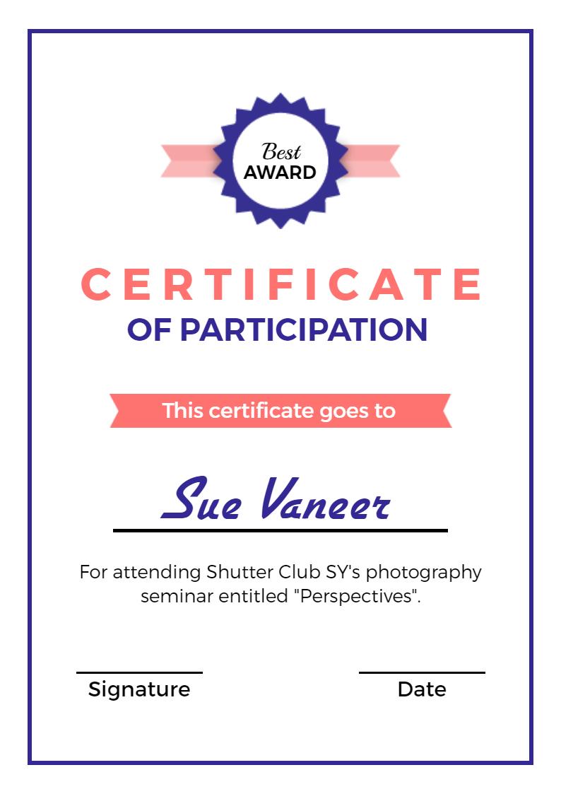Elegant Pink Award for Photography Seminar Participation Certificate Template